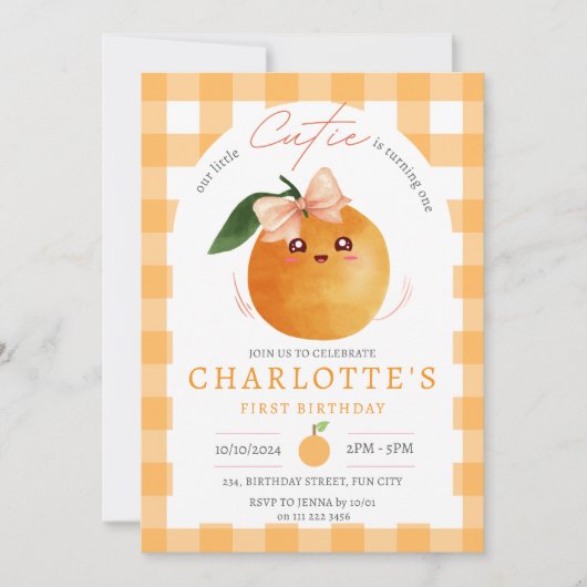 Invitation Little Cutie Orange Citrus 1er Anniversaire (Devant)