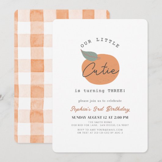 Invitation Little Cutie Orange Clean Anniversaire de enfant (Devant / Derrière)