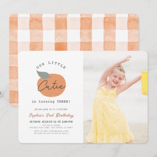 Invitation Little Cutie Orange Clean Anniversaire Photo (Devant / Derrière)