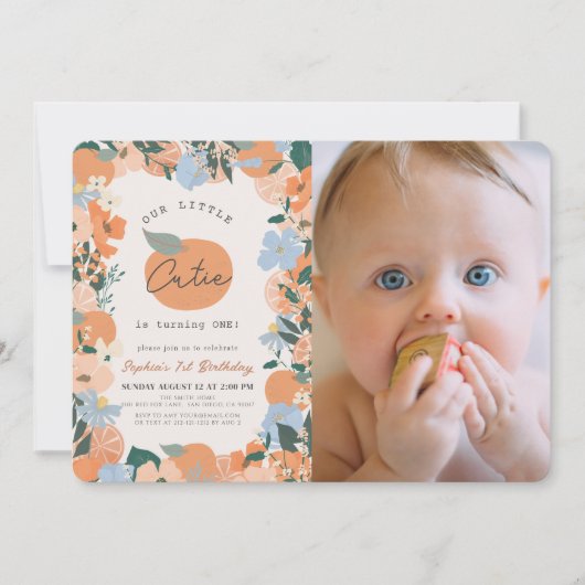 Invitation Little Cutie Orange Floral 1er anniversaire Photo (Devant)