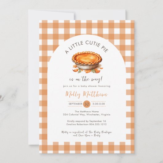 Invitation Little Cutie Pie Fall Citrouille En vichy Baby sho (Devant)