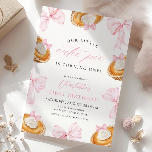 Invitation Little Cutie Pie Pink Bow Premier anniversaire