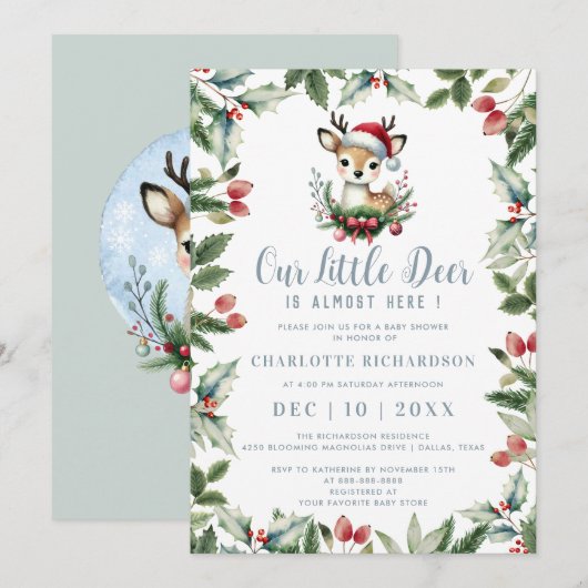 Invitation Little Deer Baby shower mignon hiver Noël garçon (Devant / Derrière)
