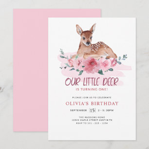 Invitation Little Deer Floral Rose Première fête d'anniversai