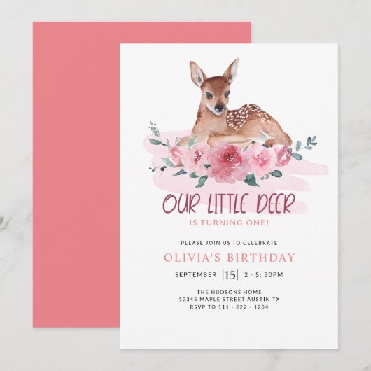 Invitation Little Deer Turner 1 Fête d'anniversaire Floral (Devant / Derrière)