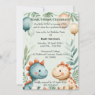 Invitation Little Dino Turning One Pastel Watercolor Birthday