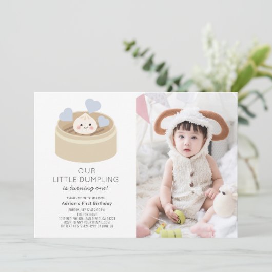 Invitation Little Dumpling Blue Boy 1er Anniversaire Photo (Debout devant)