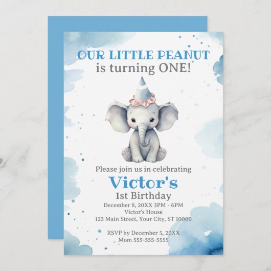 Invitation Little Elephant 1er anniversaire (Devant / Derrière)