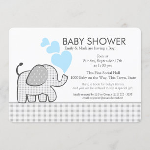 Invitation Little Elephant En vichy et Baby shower bleu