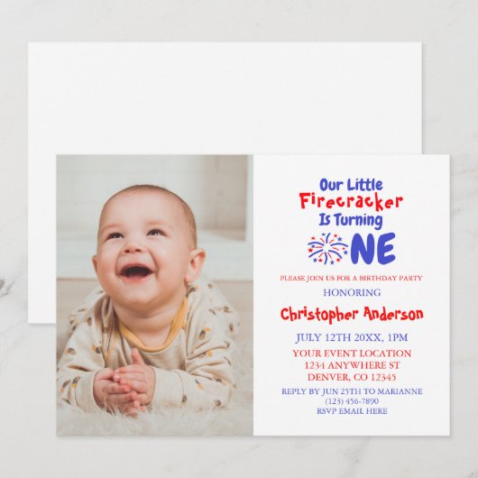 Invitation Little Firecracker 1er anniversaire (Devant / Derrière)
