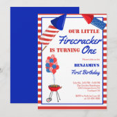 Invitation Little Firecracker 1er anniversaire 4 juillet USA (Devant / Derrière)
