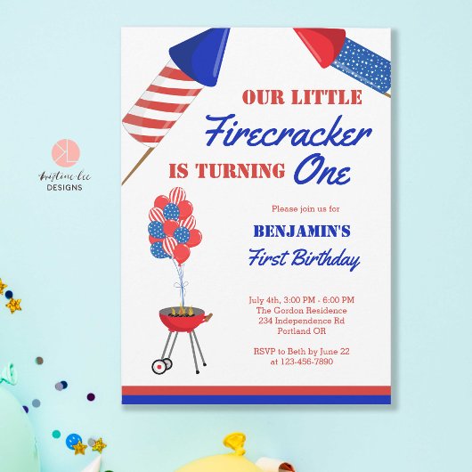 Invitation Little Firecracker 1er anniversaire 4 juillet USA 