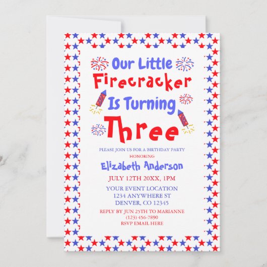 Invitation Little Firecracker 3ème anniversaire (Devant)