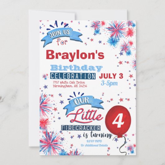 Invitation Little Firecracker 4 juillet Anniversaire Invitati (Devant)