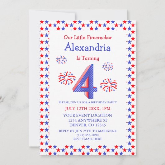 Invitation Little Firecracker 4e anniversaire (Devant)