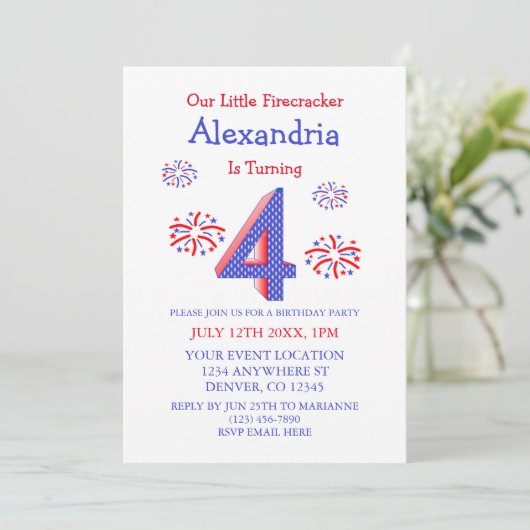 Invitation Little Firecracker 4e anniversaire (Debout devant)