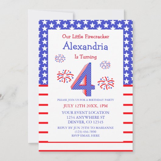 Invitation Little Firecracker 4e anniversaire (Devant)
