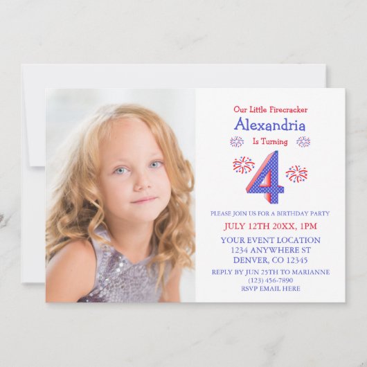 Invitation Little Firecracker 4e anniversaire (Devant)