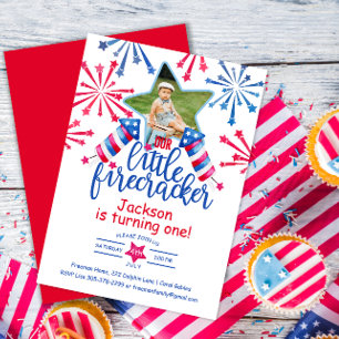 Invitation Little Firecracker 4th July First Birday Photo