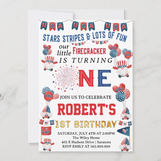 Invitation Little Firecracker Gnome 1er anniversaire 4 juille (Devant)