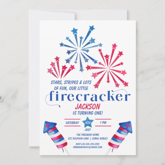 Invitation Little Firecracker Rouge Blanc Bleu Anniversaire (Devant)