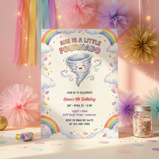 Invitation Little Fournado Rainbow Tornado Girls 4th Birthday