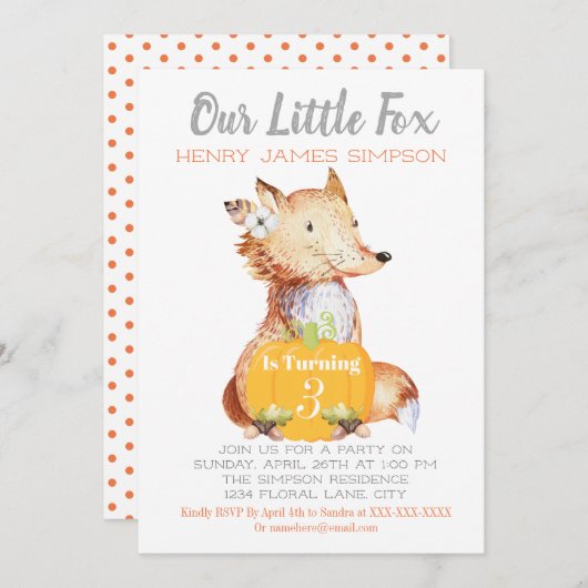 Invitation Little Fox Fall Harvest Citrouille Tiers Anniversa (Devant / Derrière)