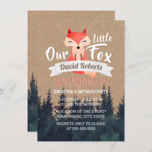 Invitation Little Fox Rustic Forest fête d'anniversaire (Devant / Derrière)