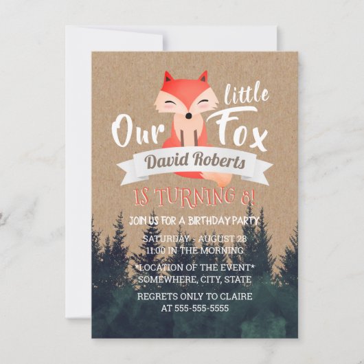 Invitation Little Fox Rustic Forest fête d'anniversaire (Devant)