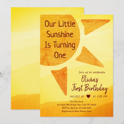 Invitation Little Gold Sunshine Modern Boho Anniversaire (Devant / Derrière)