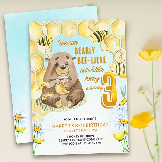 Invitation Little Honey Bearly Bee lieve 3e Anniversaire Bee