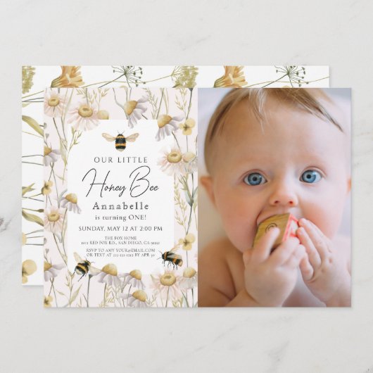 Invitation Little Honey Bee Chamomile rose 1er anniversaire P (Devant / Derrière)