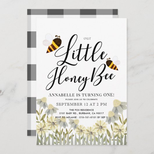 Invitation Little Honey Bee Daisy 1er anniversaire (Devant / Derrière)