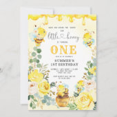 Invitation Little Honey Bee Jaune Floral 1er anniversaire (Devant)