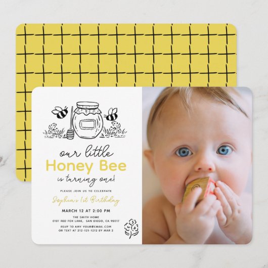 Invitation Little Honey Bee Photo Hand-drawn 1st Birthday (Devant / Derrière)