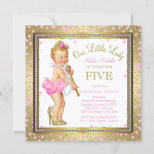 Invitation Little Lady Girls 5th Birthday Party Pink Gold