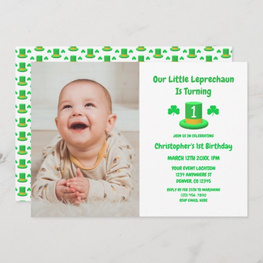Invitation Little Leprechaun 1er anniversaire (Devant / Derrière)
