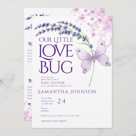 Invitation Little Log Bug Papillon Baby shower Lavender (Devant / Derrière)