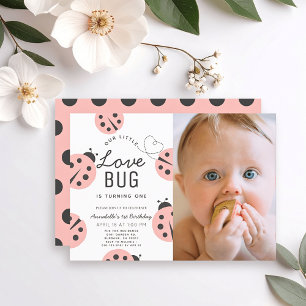 Invitation Little Log Bug Rose Ladybug 1er Anniversaire Photo