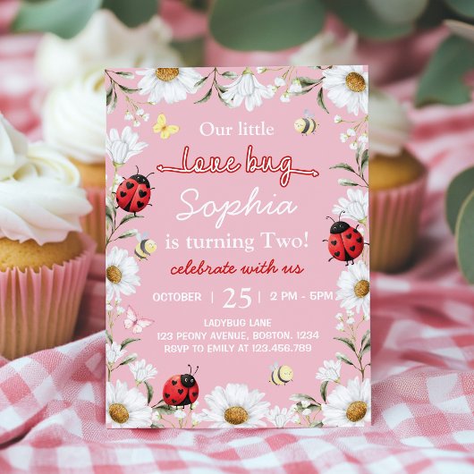Invitation Little Love Bug Ladybug Daisy Floral Birthday