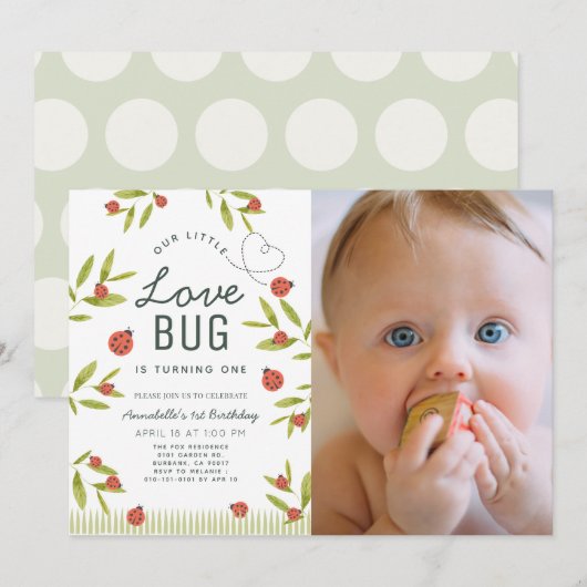 Invitation Little Love Bug Ladybug Girl Photo 1er Anniversair (Devant / Derrière)