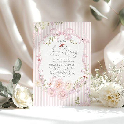 Invitation Little Love Bug Pink Bow Stripes Baby Shower