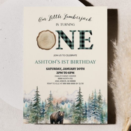 Invitation Little Lumberjack Bear Green 1er anniversaire fête