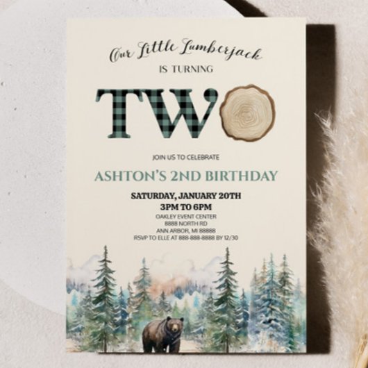 Invitation Little Lumberjack Bear Green 2e fête d'anniversair