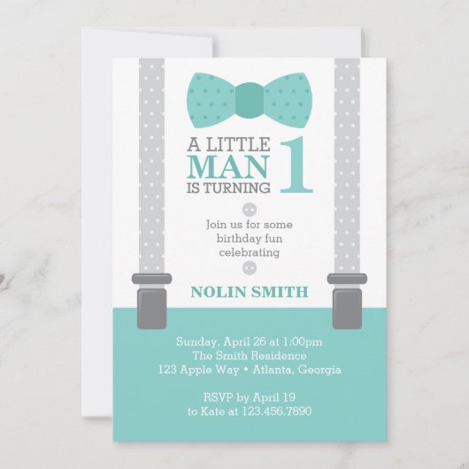 Invitation Little Man Anniversaire, Turquoise, Grey, (Devant)