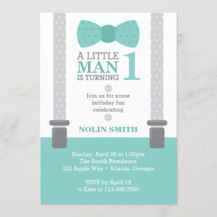 Invitation Little Man Anniversaire, Turquoise, Grey,