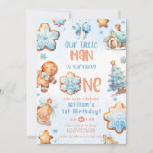 Invitation Little Man Christmas Blue Cookie 1er anniversaire (Devant)