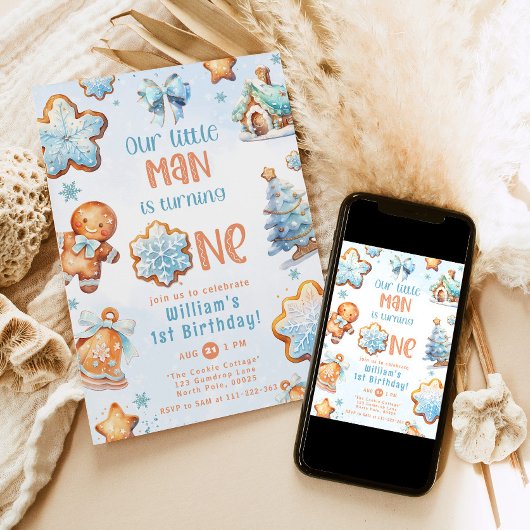 Invitation Little Man Christmas Blue Cookie 1er anniversaire