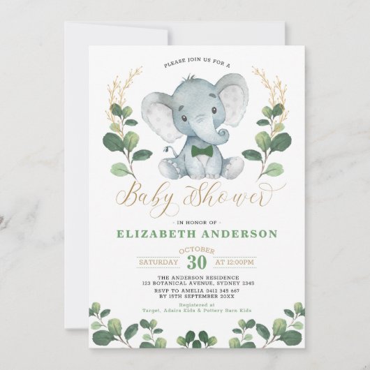 Invitation Little Man Elephant Green Gold Boy Baby shower (Devant)