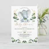 Invitation Little Man Elephant Green Gold Boy Baby shower (Debout devant)